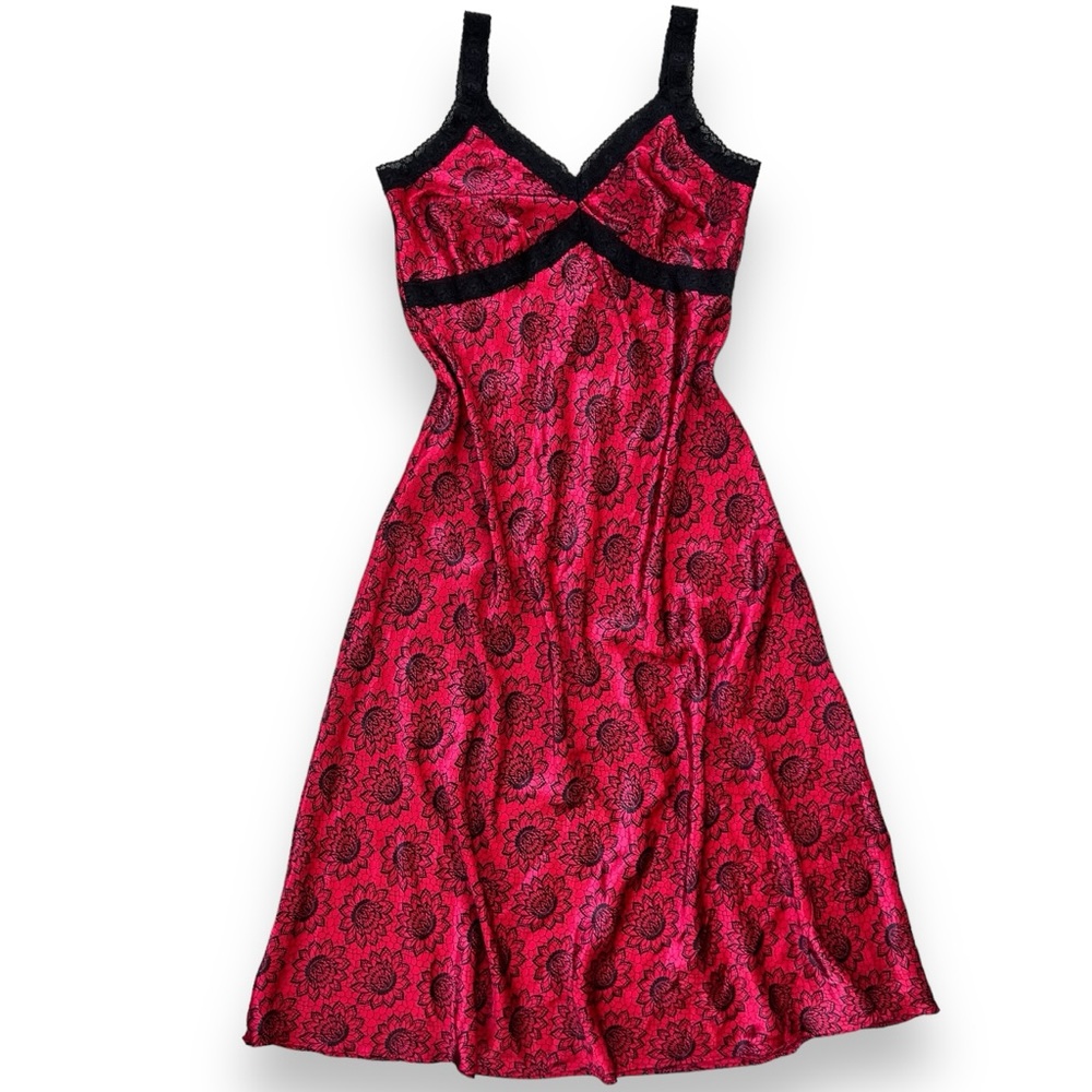 Cabernet Sleepwear Maxi Slip Dress Red with Black Flowers Size Small